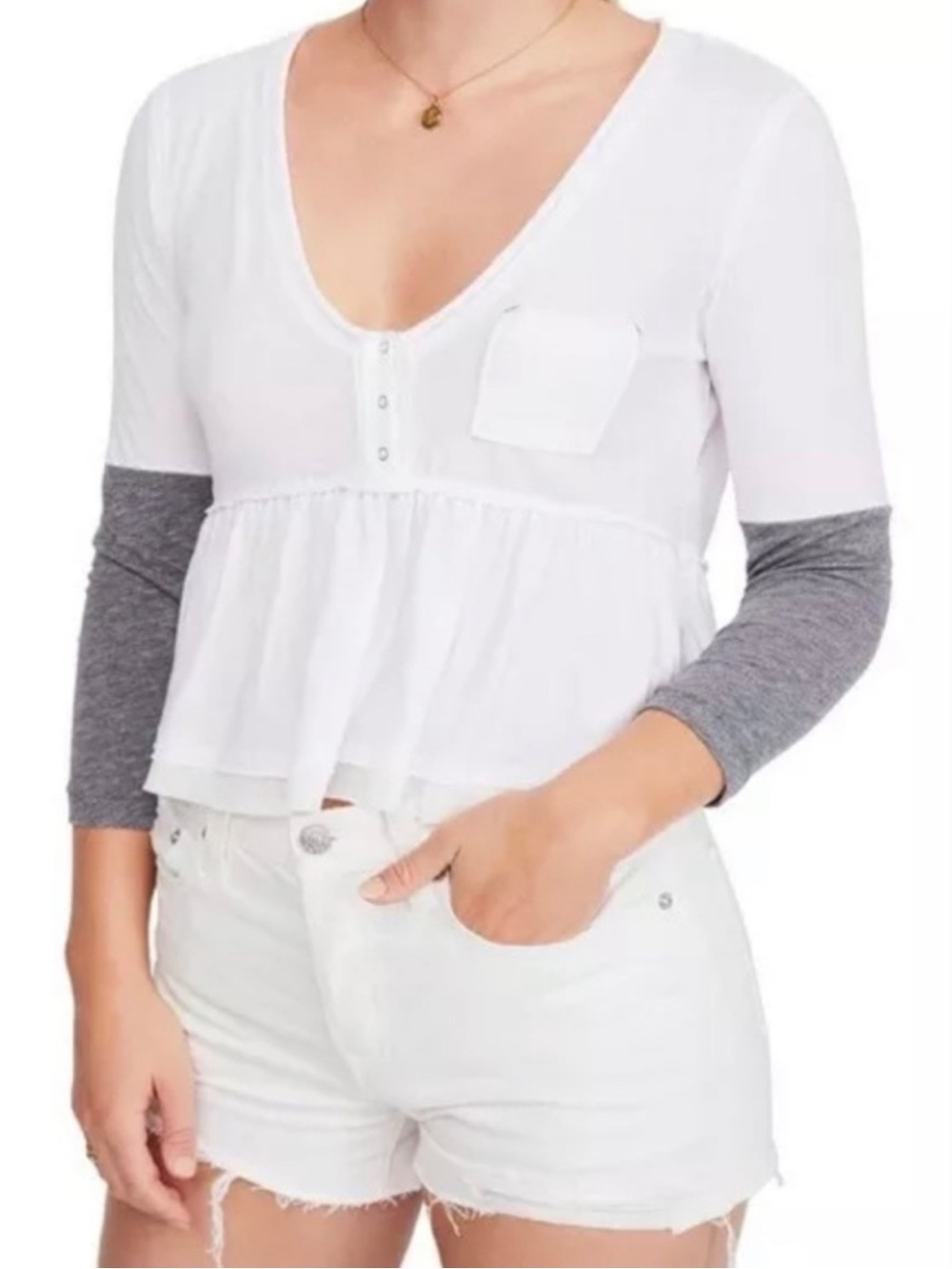 NWT Free People Heart of Mine White and Gray Long Sleeve Top